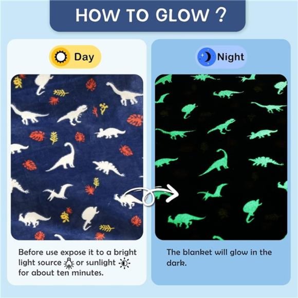 Glow in The Dark Throw Blanket 50x60 Inches,Jurassic Dinosaur Pattern Soft Cozy - Picture 3 of 6